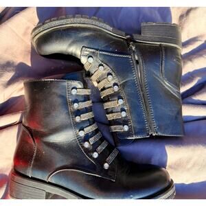 Black Rhinestone Combat Boots Side Zip Sparkle Strap Lug Sole Glam Punk Ankle